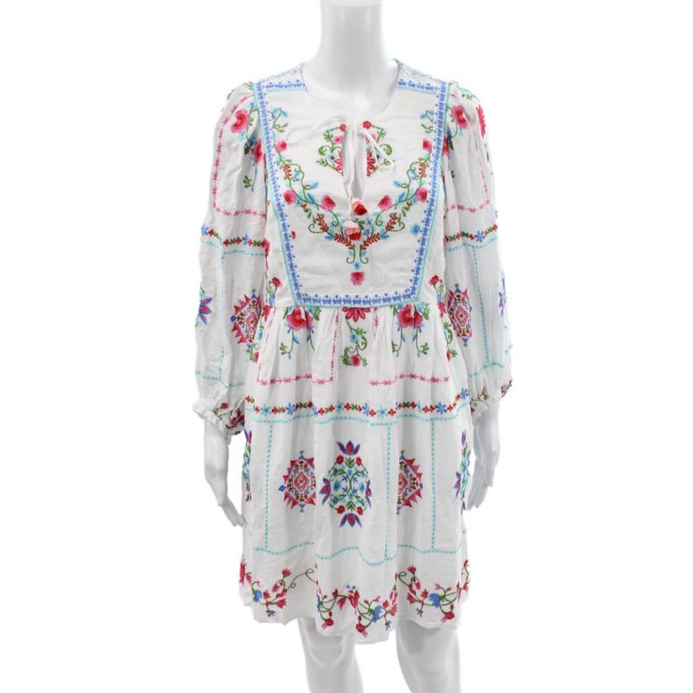 Hale Bob Women Floral V Neck Shift Dress White Boho Size S